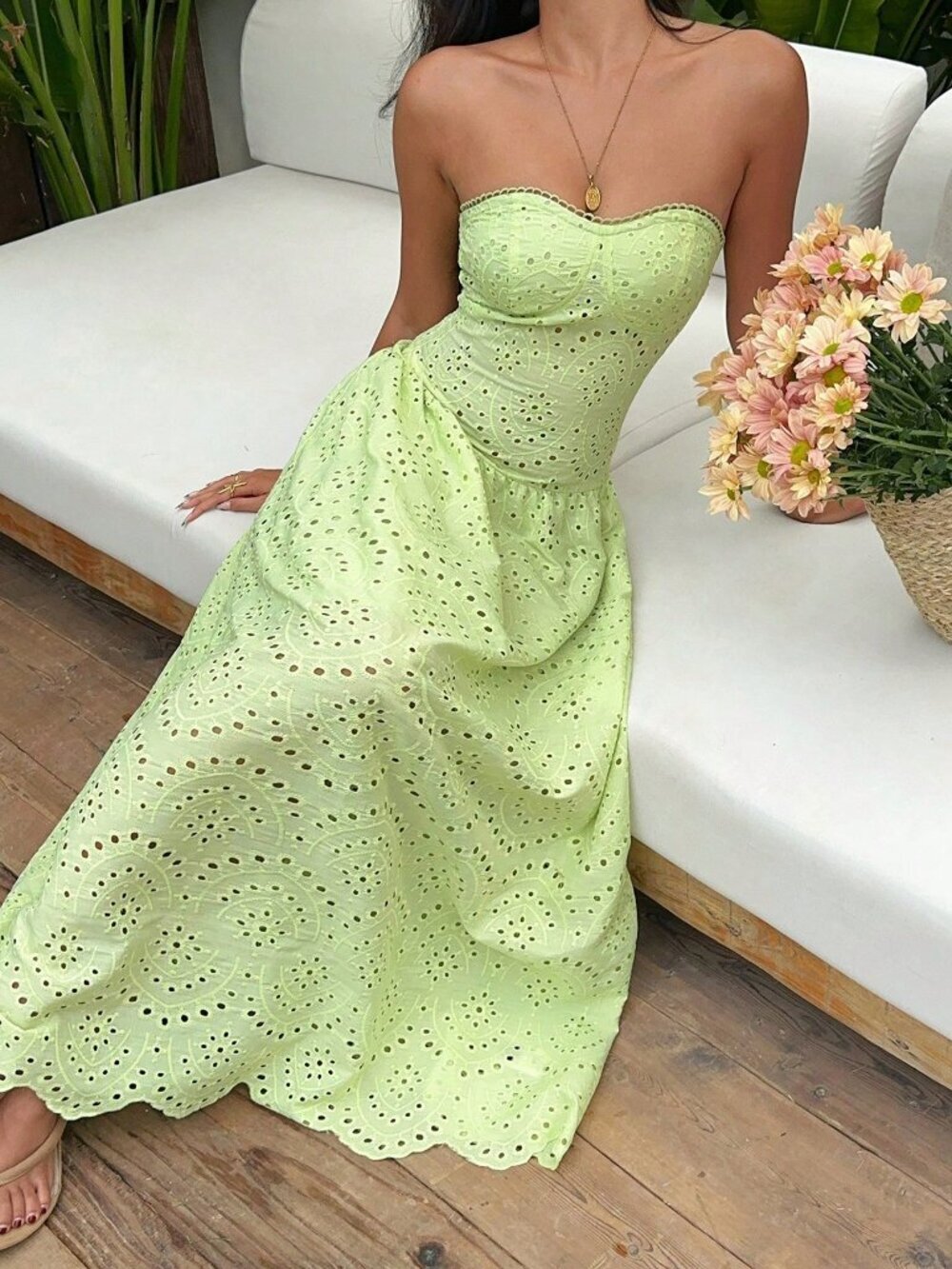 Lime Green Casual Women's Jacquard Hollow-Out Dress,